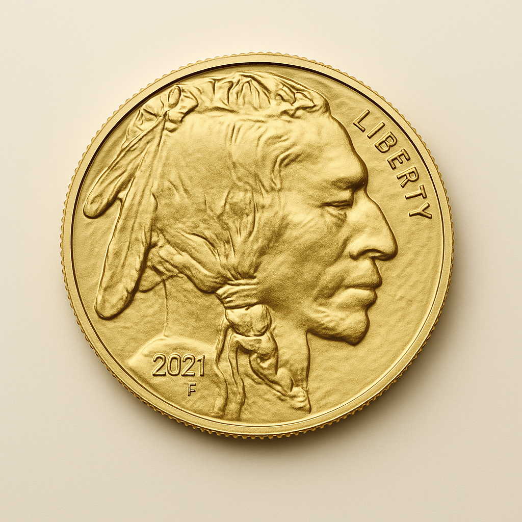 American Gold Buffalo coin with Native American profile on a clean beige background.