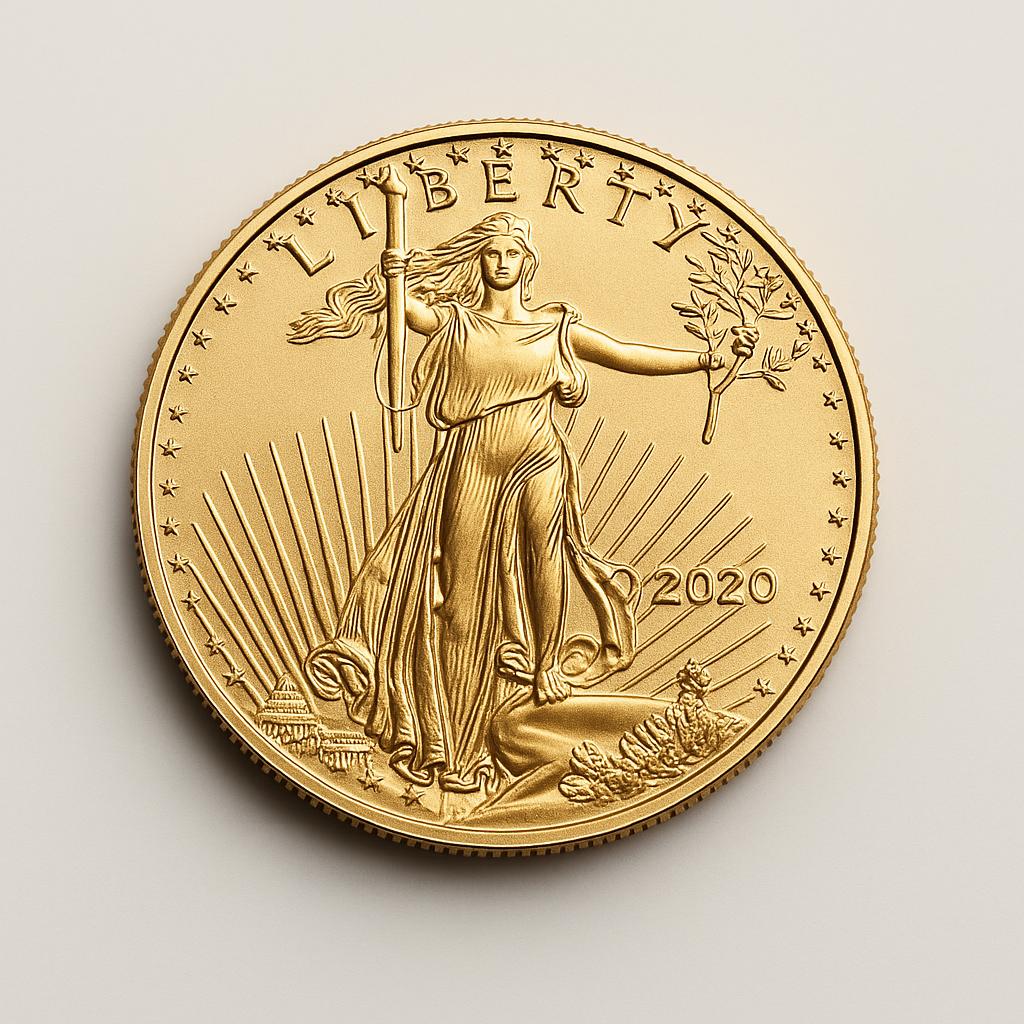 American Gold Eagle coin with Lady Liberty design on a white background.