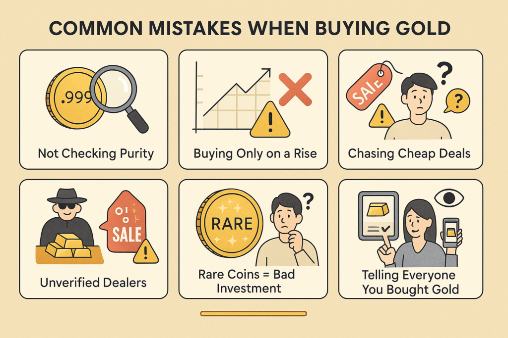 Infographic showing six common mistakes to avoid when buying physical gold, including checking purity, avoiding hype, and keeping purchases private.