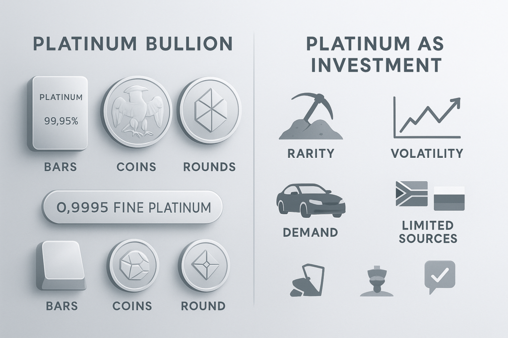 Infographic showing types of platinum bullion (bars, coins, rounds) and investment facts including rarity, demand from auto industry, and volatility.