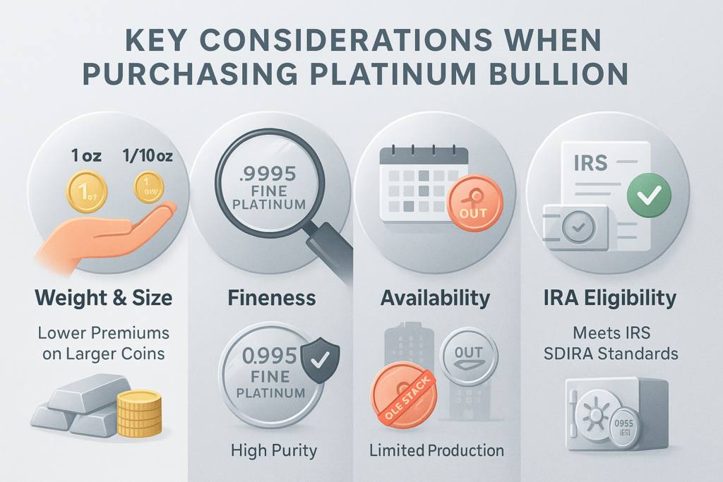 Infographic showing key factors to consider when purchasing platinum bullion including weight, purity, availability, and IRA eligibility.