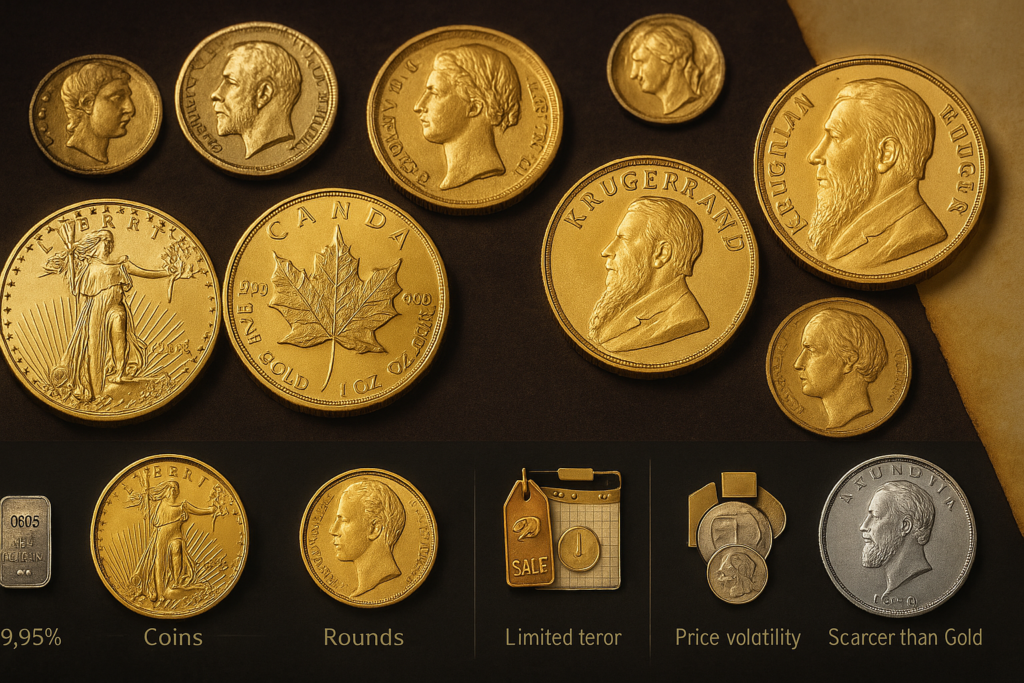 Flat-lay of various gold coins like American Gold Eagle, Canadian Maple Leaf, British Sovereign, South African Krugerrand, and ancient Roman and Greek gold coins on dark velvet background with soft warm lighting.