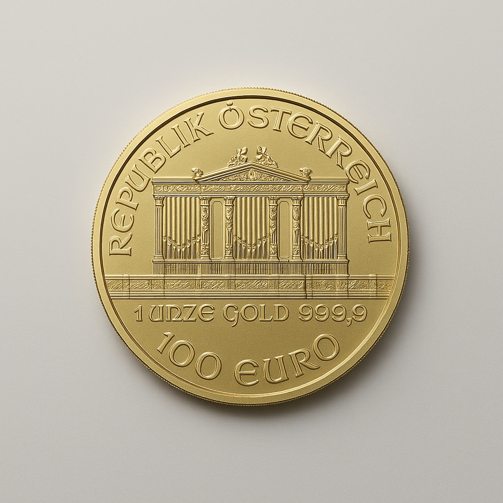 Vienna Gold Philharmonic coin featuring the Musikverein organ on a clean background.