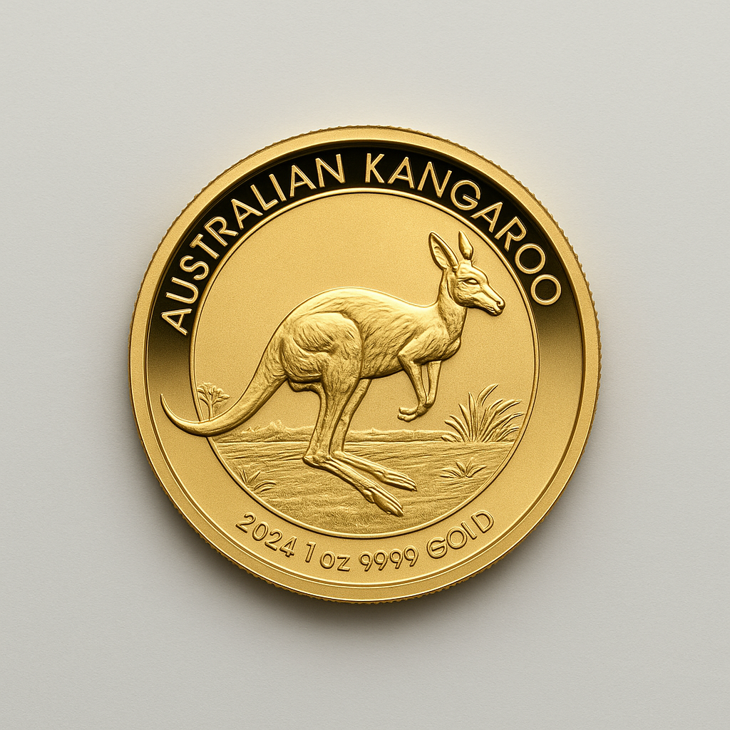 Australian Gold Kangaroo coin on a neutral background, featuring its detailed kangaroo design.