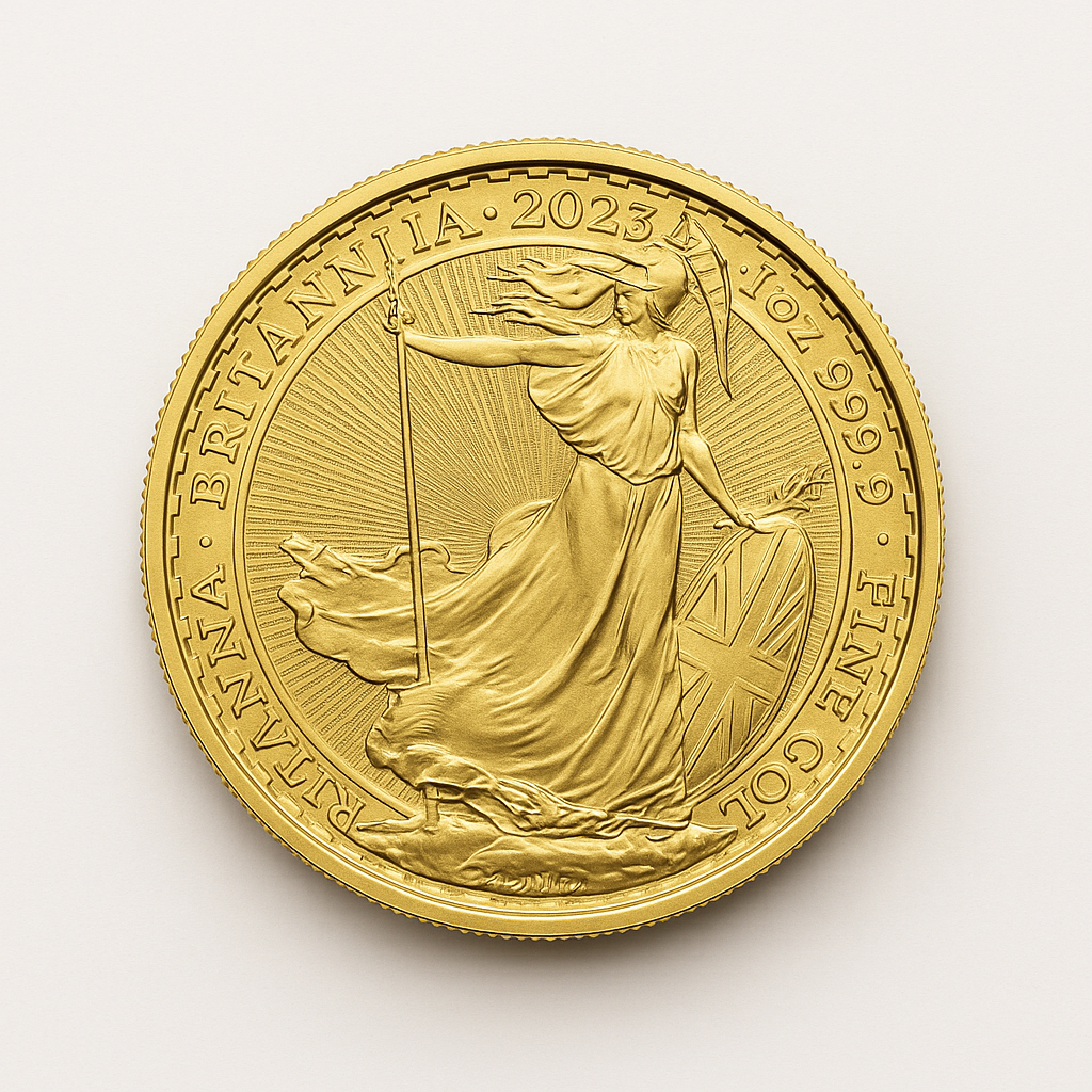 British Gold Britannia coin displayed on a plain background, showing Britannia’s trident and shield design in fine detail.