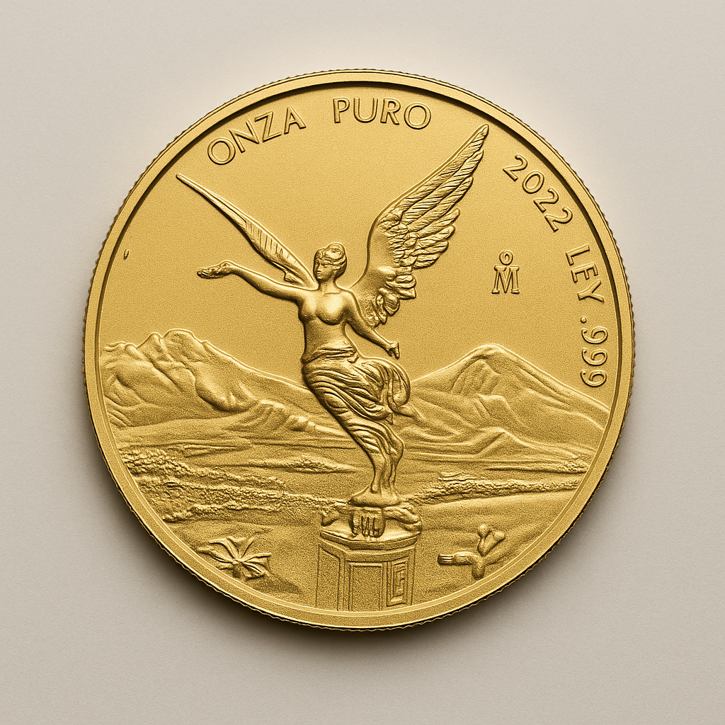 Mexican Gold Libertad coin on a plain background featuring the Winged Victory design with mountain backdrop.