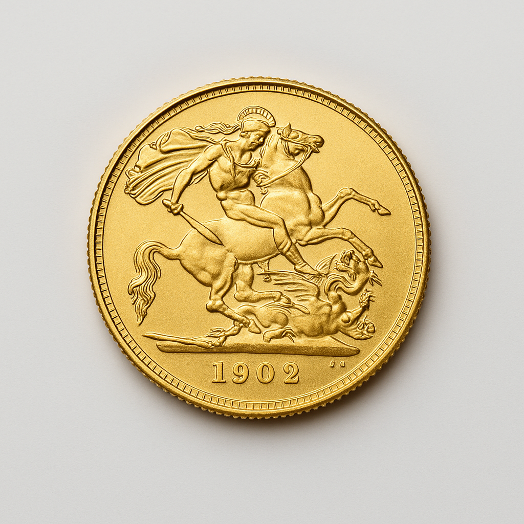 British Gold Sovereign coin featuring St. George and the dragon on a neutral background.