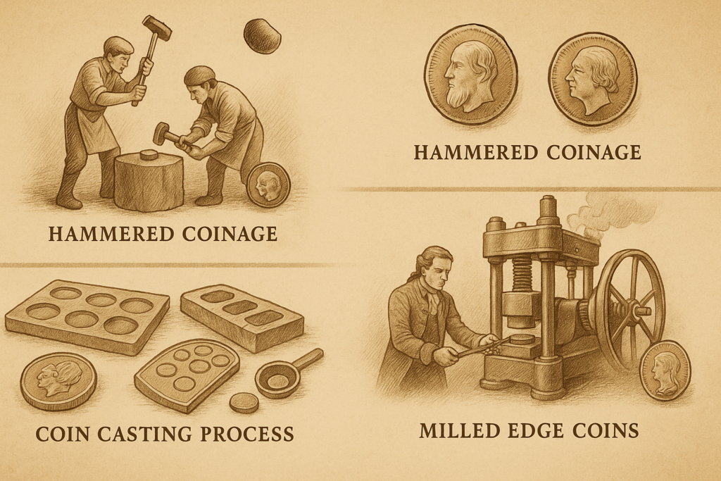 Illustration showing three historical coin minting methods: hammered coinage, metal casting in molds, and steam-powered milled edge coin press from the Industrial Era.
