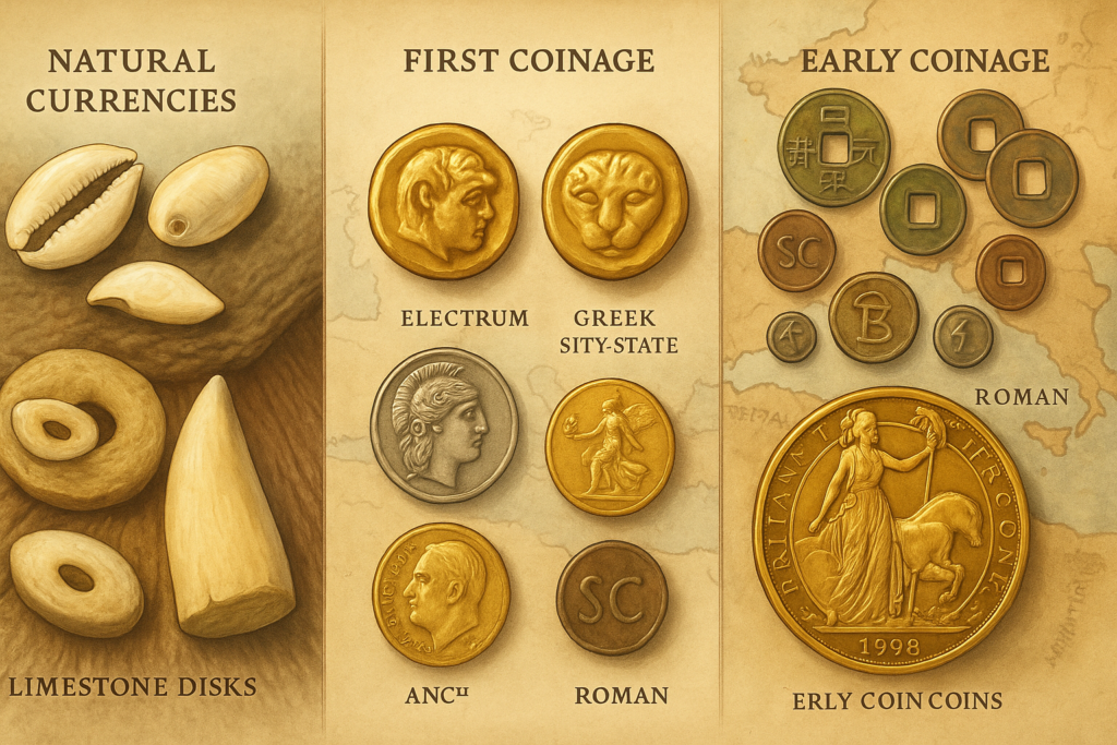 A historical collage showing natural forms of money such as cowrie shells and whale teeth, early Lydian electrum coins, Greek gold and silver coins, ancient Chinese coins with square holes, and Roman coins, highlighting the evolution of currency.