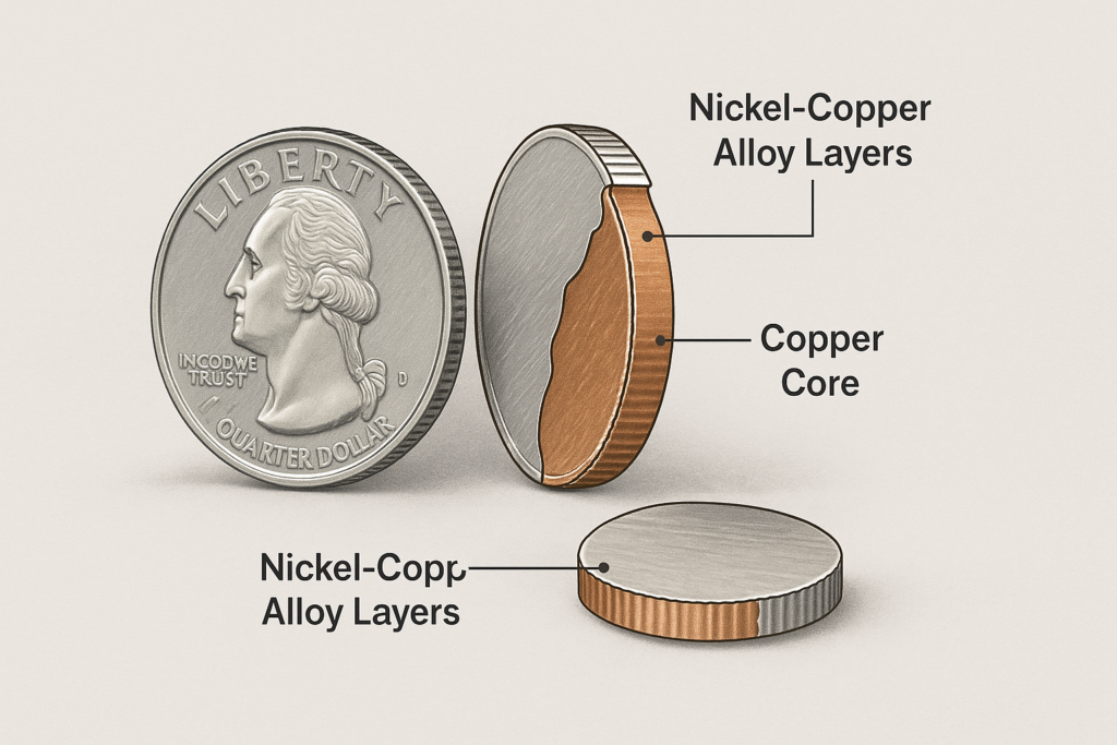 Cross-section of a U.S. clad coin showing copper core and nickel-copper outer layers.