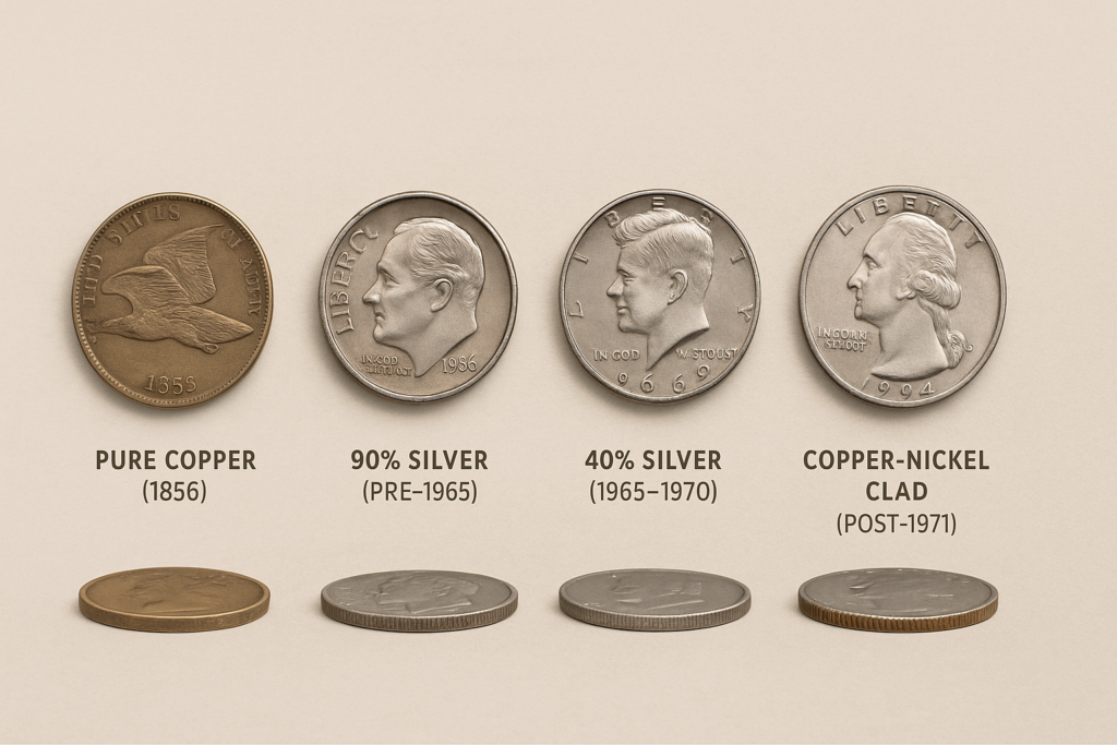 Timeline of U.S. coinage evolution from pure copper and silver coins to modern clad coinage.