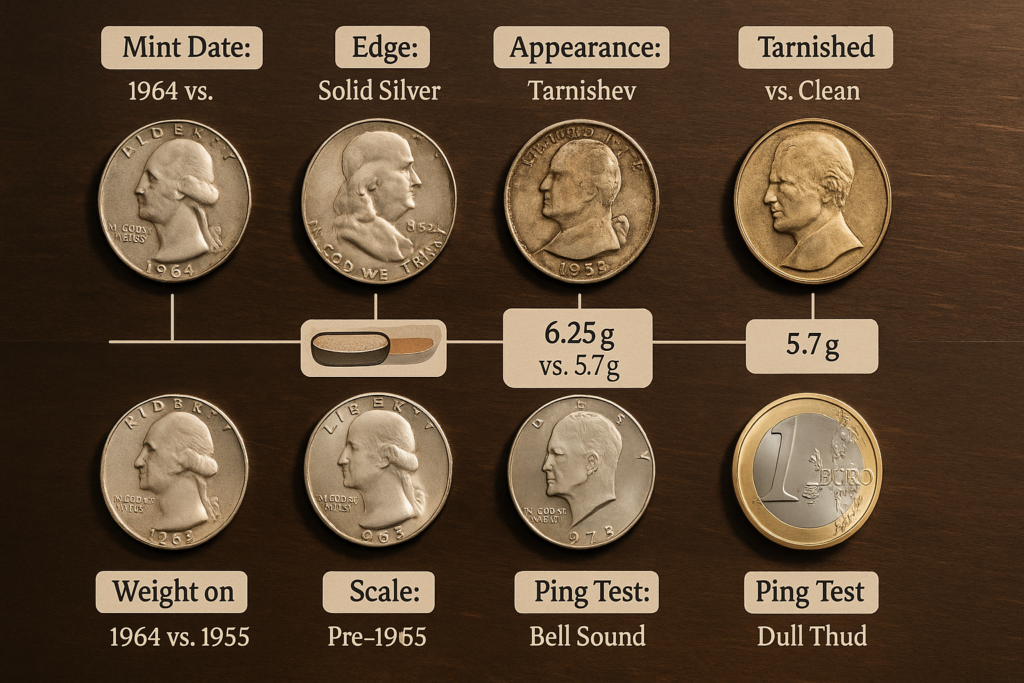 Visual test comparison of silver and clad U.S. coins using edge color, date, weight, tarnish, and sound indicators.