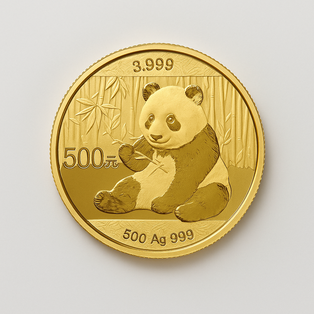 Chinese Gold Panda coin showing a detailed panda design on a soft neutral background.