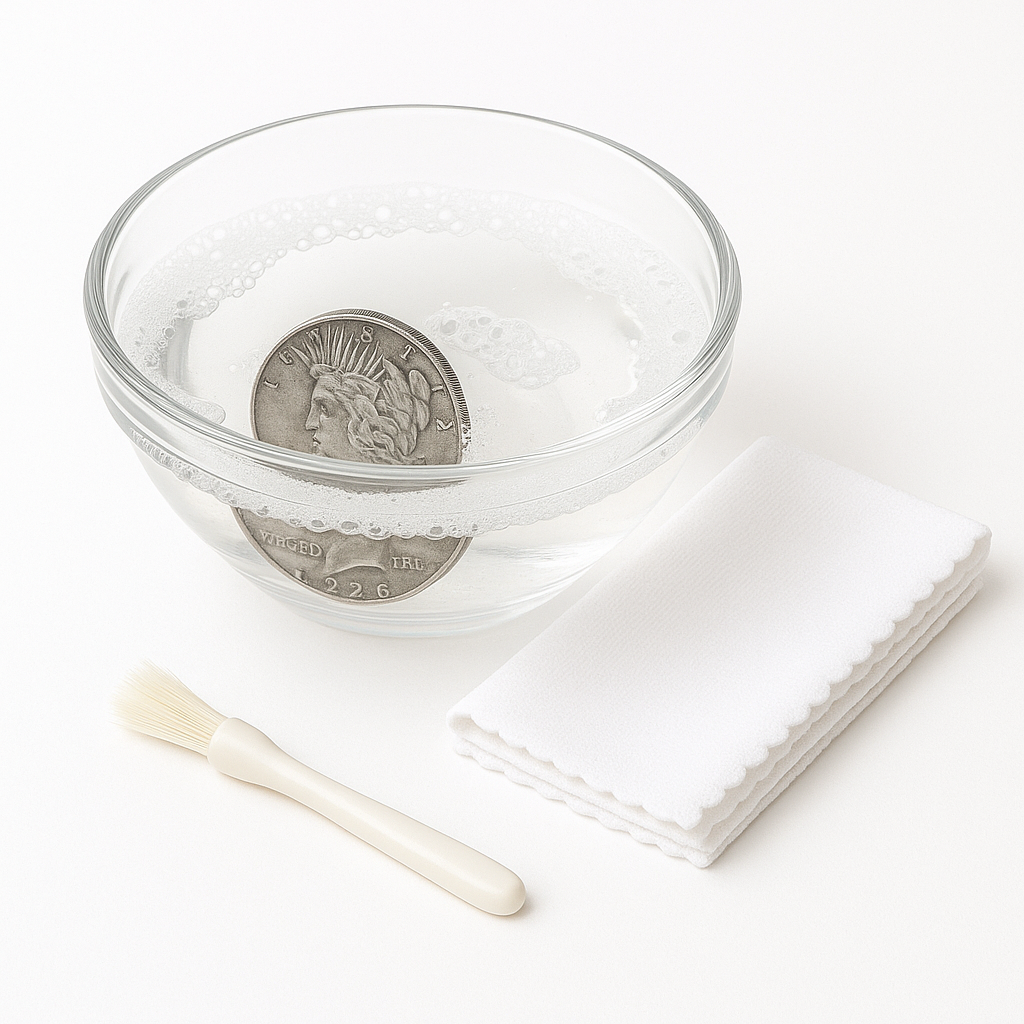 Silver coin soaking in a clear bowl of detergent solution with a microfiber cloth and soft brush on a white background.
