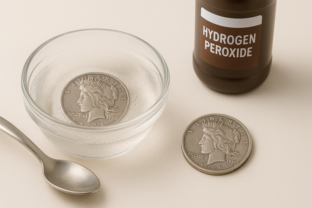 Silver coin fizzing in a glass dish of hydrogen peroxide with a comparison coin on a white background.