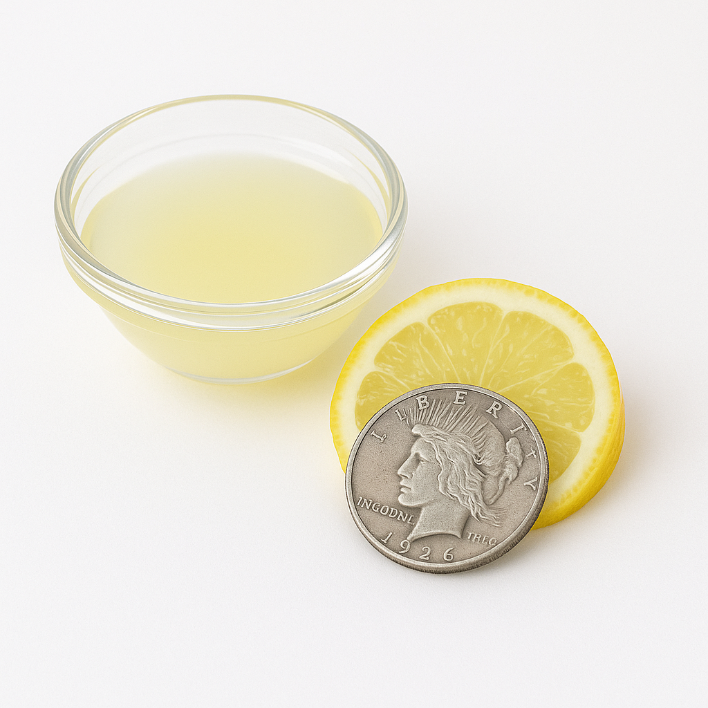 Silver coin being cleaned with lemon juice and a lemon slice on a white background.