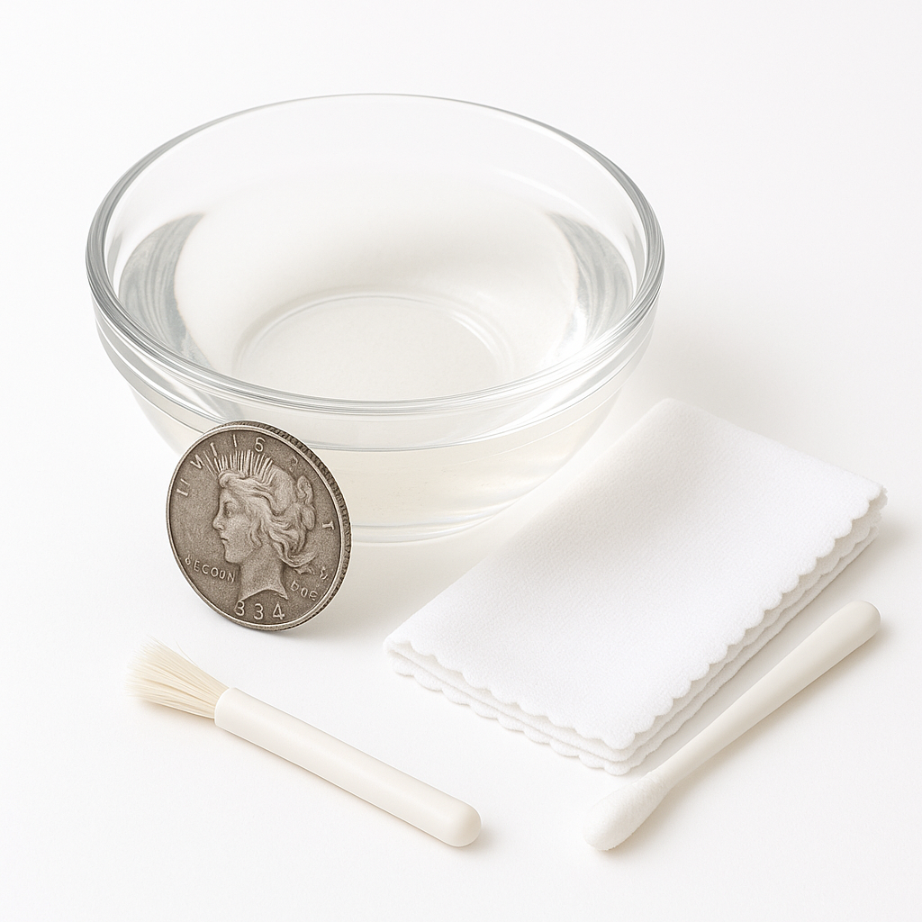 Silver coin partially soaked in a clear glass bowl of white vinegar with a microfiber cloth and brush on a white background.