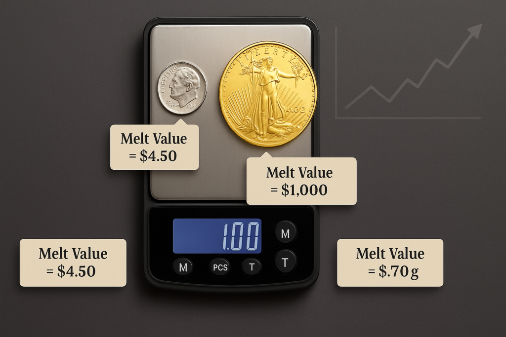Close-up of a 1 oz gold coin with digital gold price ticker showing spot price, illustrating the melt value concept of coins.