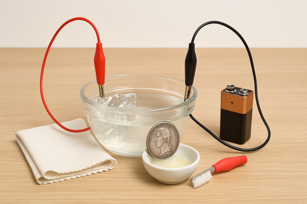 Electrolysis cleaning setup with silver coin, aluminum foil, and battery wires in a saltwater container.