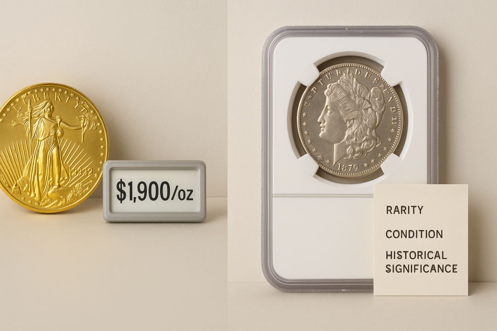 Split image showing a bullion coin with spot price on the left and a collectible coin with rarity and historical info on the right to illustrate melt versus numismatic value