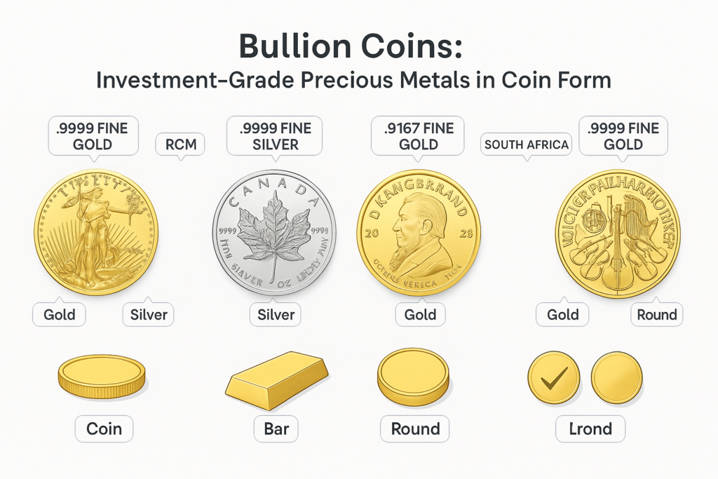 Various bullion coins and forms including American Gold Eagle, Canadian Silver Maple Leaf, Krugerrand, and bullion bar and round, showing purity and mint origin.