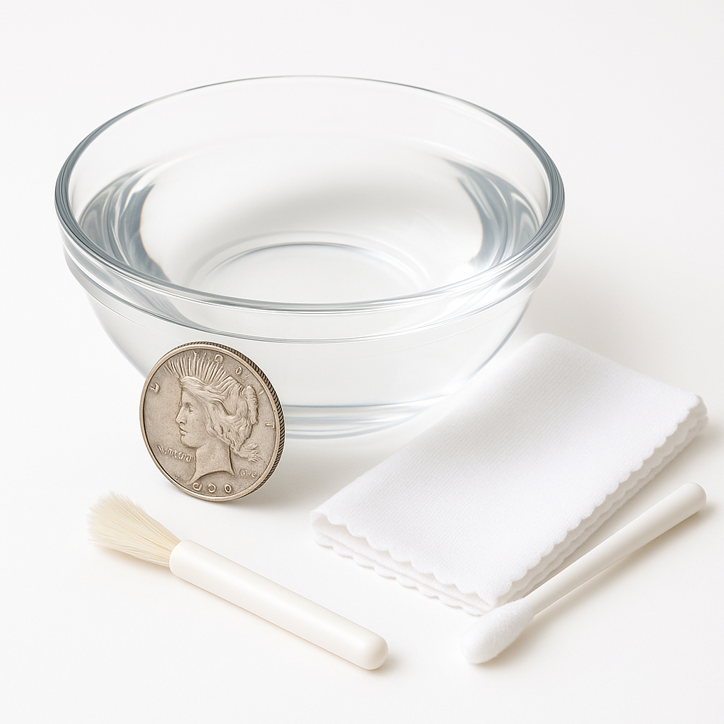 Silver coin partially submerged in a clear glass bowl of distilled water with a microfiber cloth and gentle brush on a white background.