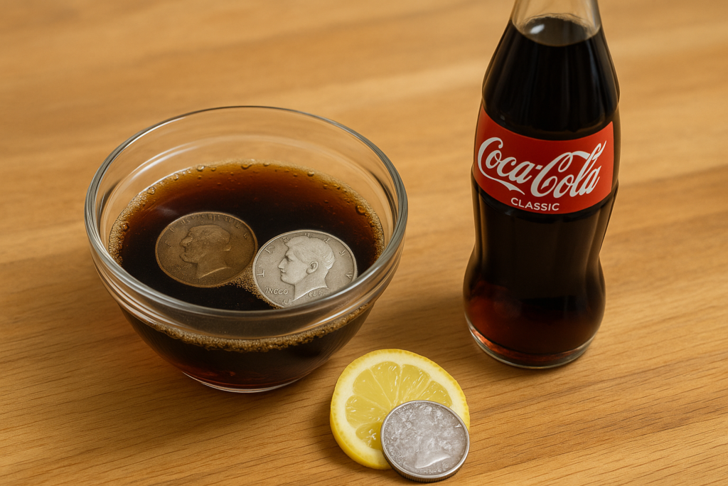 Silver coins soaking in a bowl of Coca-Cola with a Coke bottle nearby on a wooden kitchen table.