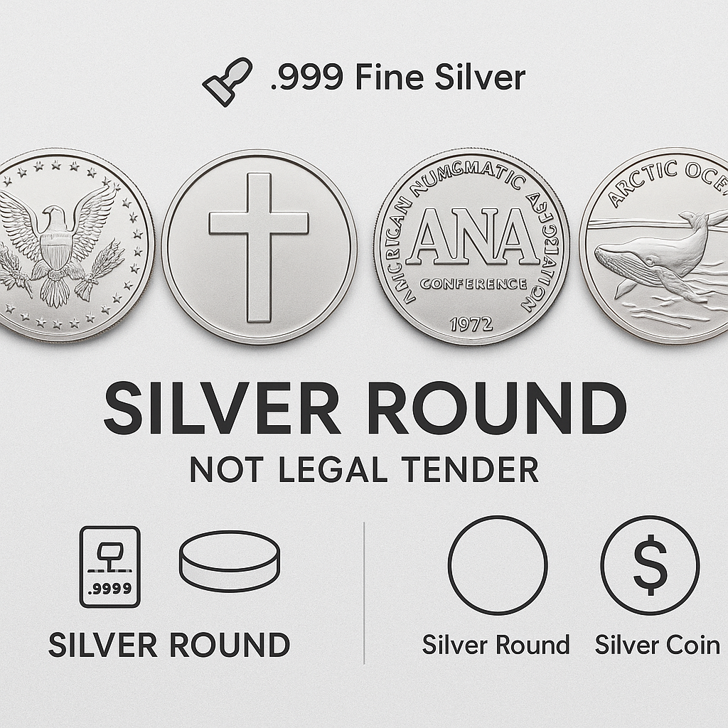 Various silver bullion rounds with different themes and .999 purity markings, shown next to a silver coin to highlight differences.