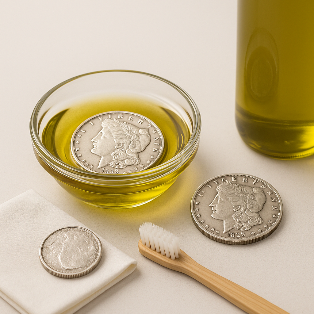 Silver coin soaking in olive oil in a small dish with a bottle of olive oil nearby on a white background.