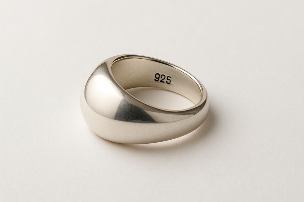 Sterling silver item with ‘925’ hallmark on a clean white background, used to explain the meaning and value of sterling silver.