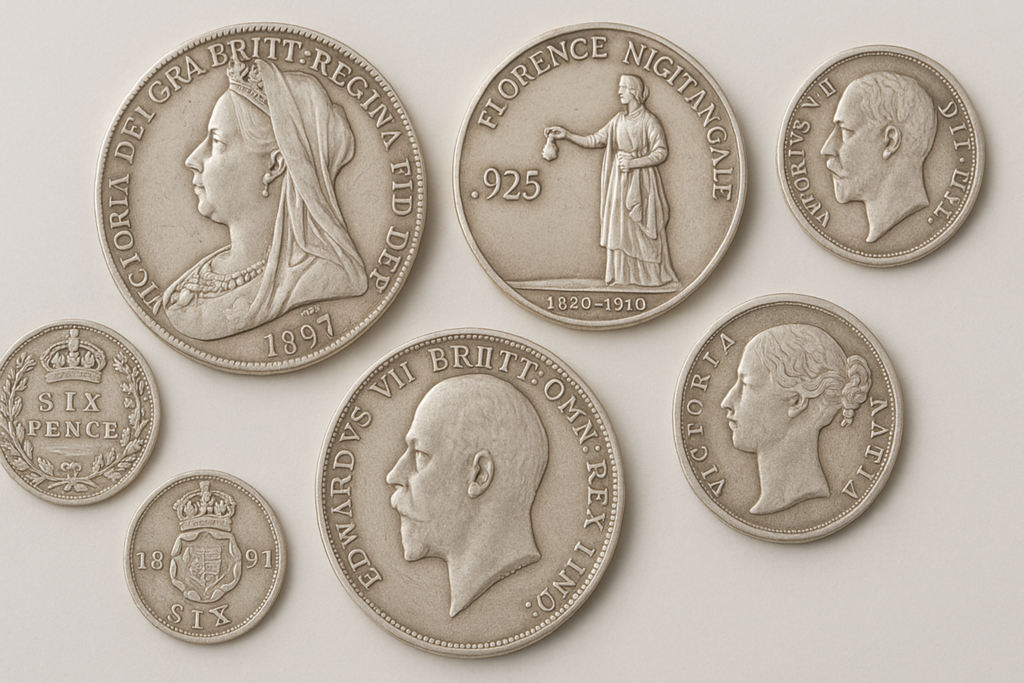 Various sterling silver coins displayed on a pale background, featuring historical and modern examples like the Victoria Crown and Florence Nightingale commemorative coin.